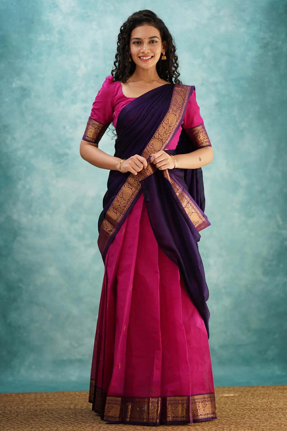 Pink &amp; Purple Designer Cotton Silk Jacquard Half Lehenga Saree