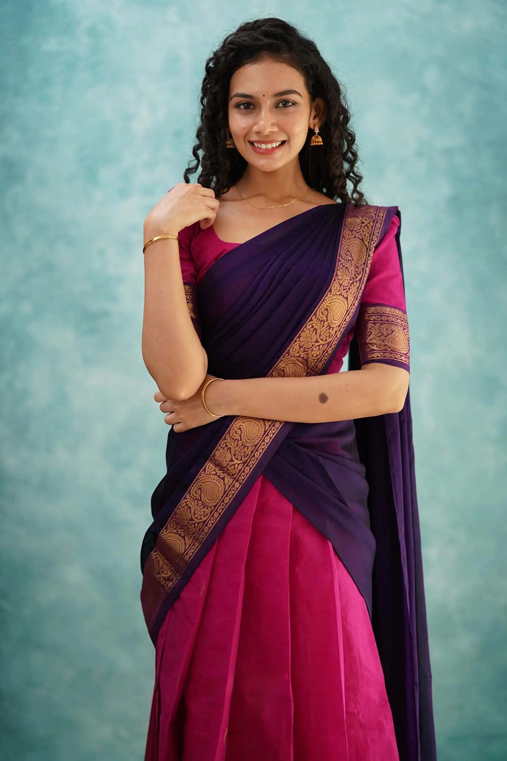 Pink &amp; Purple Designer Cotton Silk Jacquard Half Lehenga Saree