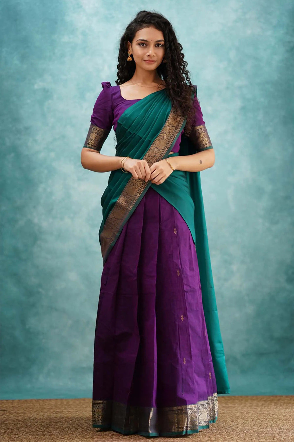 Purple &amp; Green Designer Cotton Silk Jacquard Half Lehenga Saree