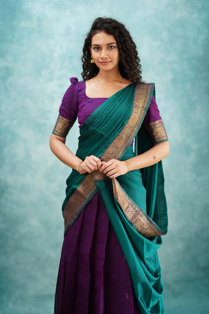 Purple &amp; Green Designer Cotton Silk Jacquard Half Lehenga Saree