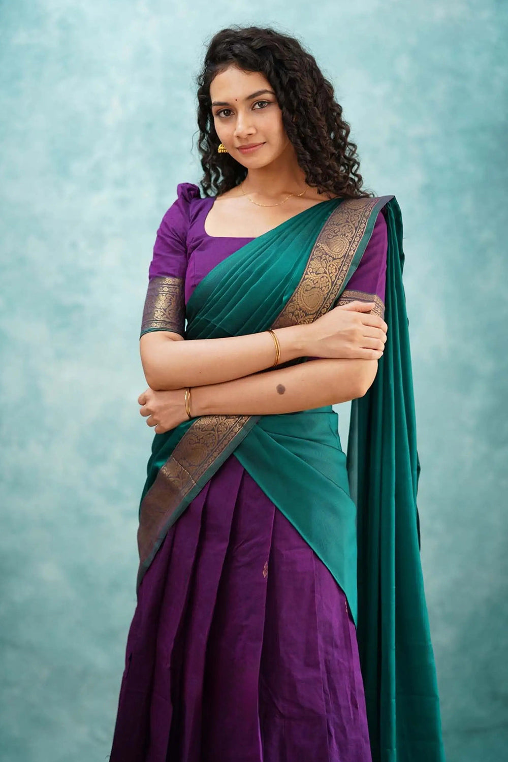 Purple &amp; Green Designer Cotton Silk Jacquard Half Lehenga Saree