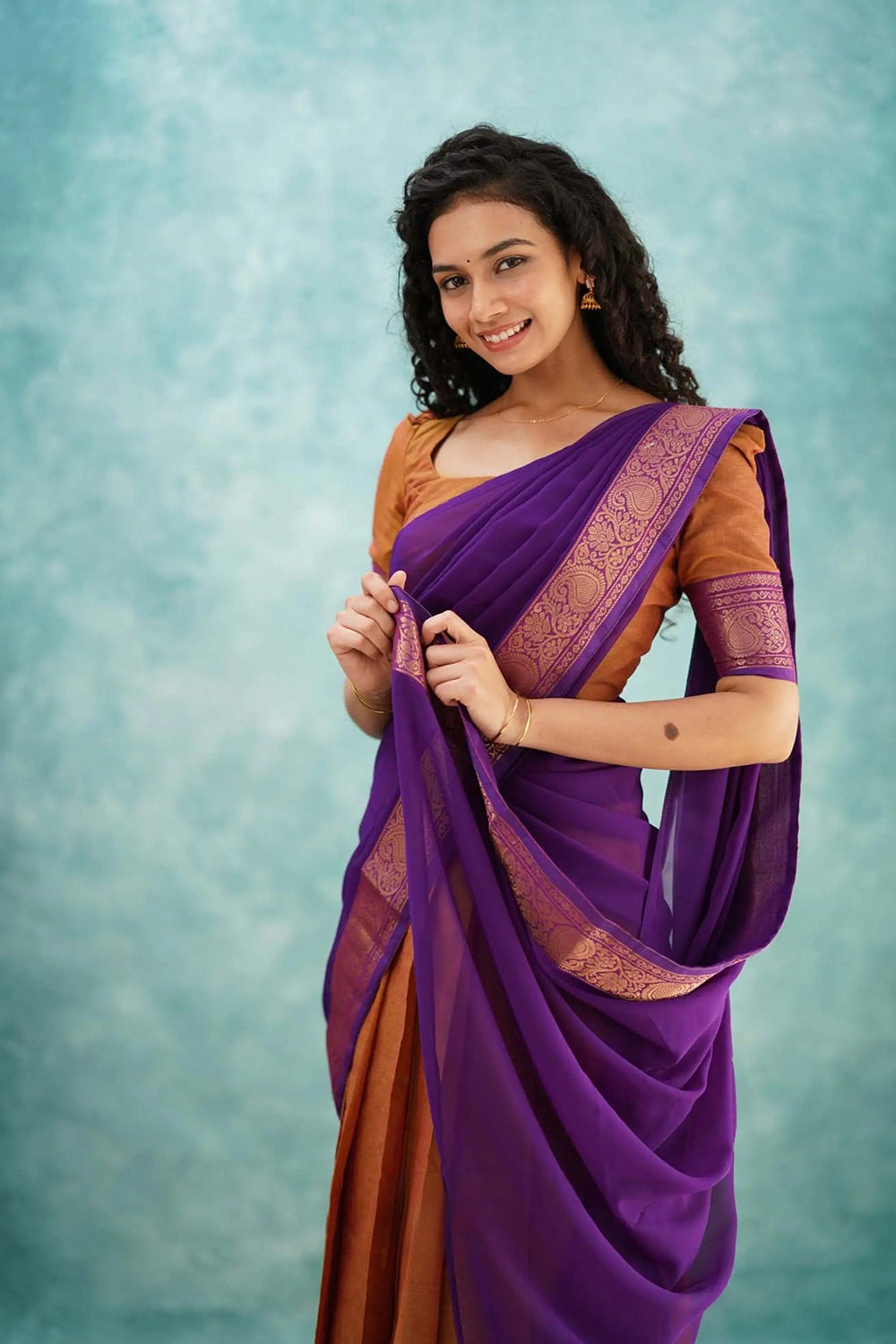 Orange &amp; Purple Designer Cotton Silk Jacquard Half Lehenga Saree