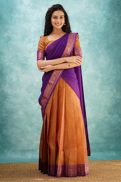 Orange &amp; Purple Designer Cotton Silk Jacquard Half Lehenga Saree