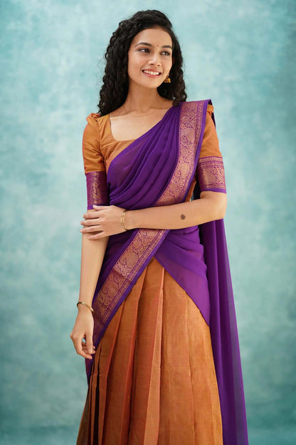 Orange &amp; Purple Designer Cotton Silk Jacquard Half Lehenga Saree