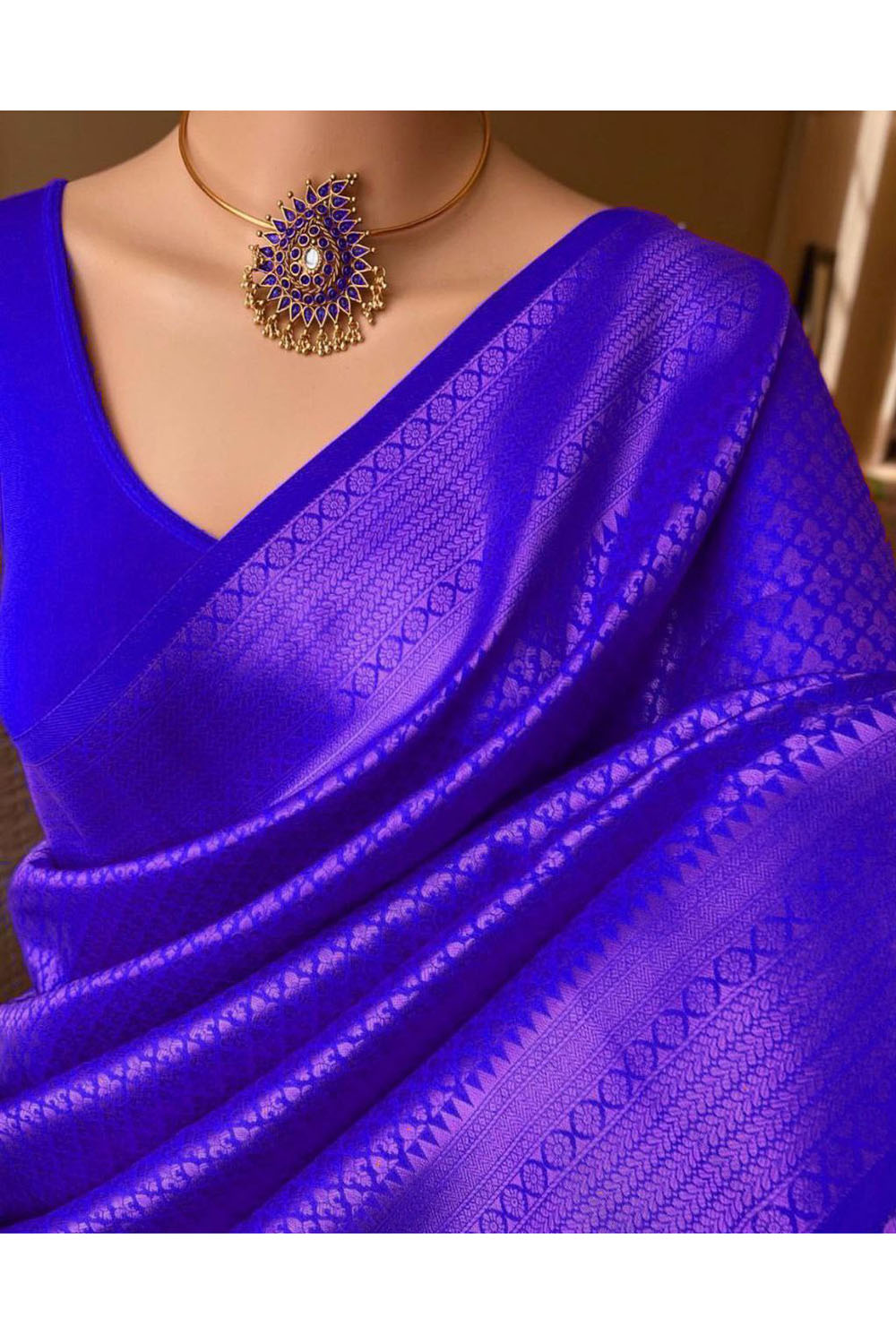 Blue Banarasi Silk Saree With Zari Weaving Work