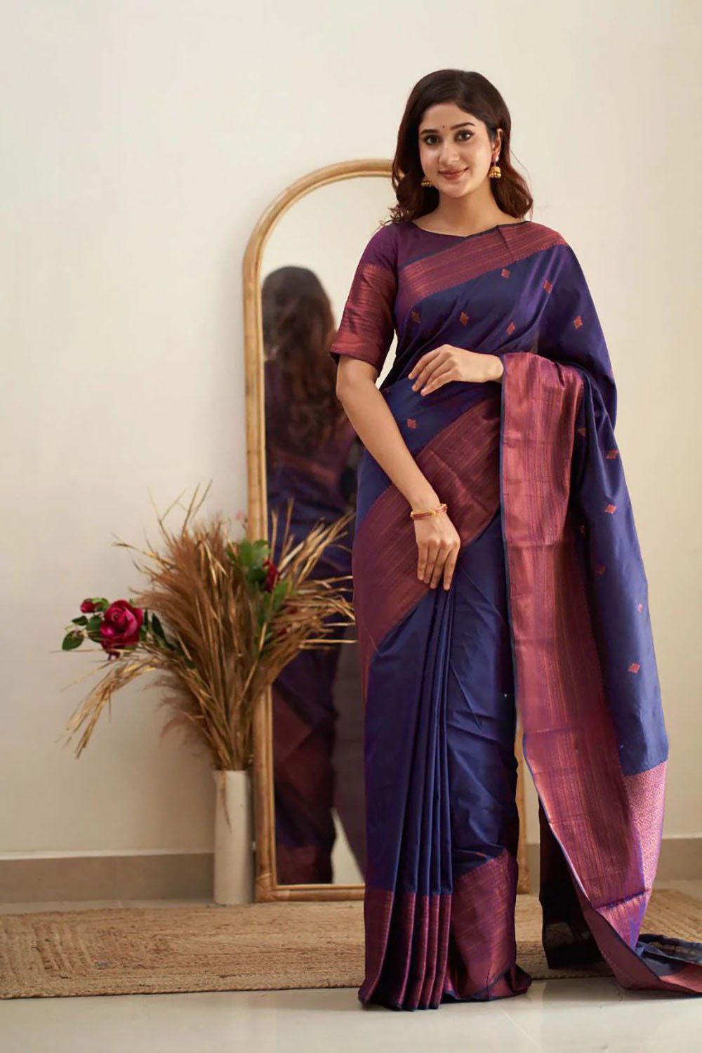 Navy Blue Soft Silk Saree With Weaving Work