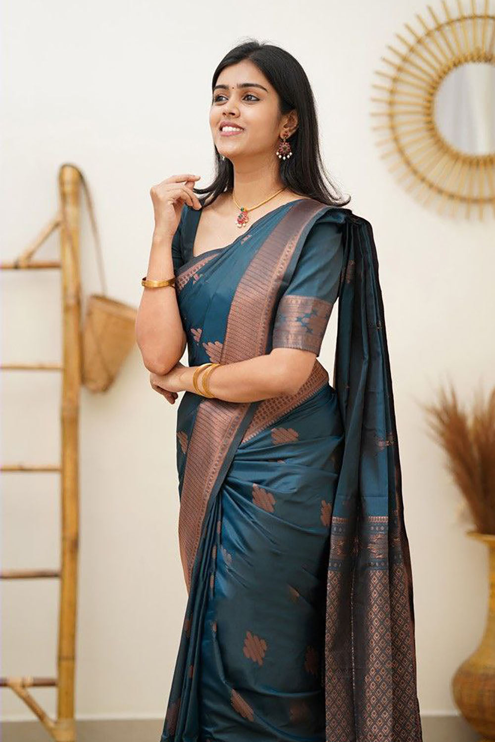 Teal Blue Banarasi Silk Saree With Zari Weaving Work