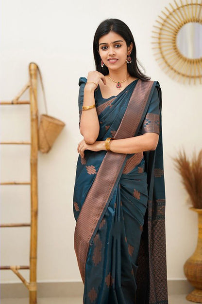 Teal Blue Banarasi Silk Saree With Zari Weaving Work