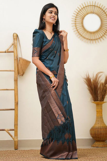 Teal Blue Banarasi Silk Saree With Zari Weaving Work