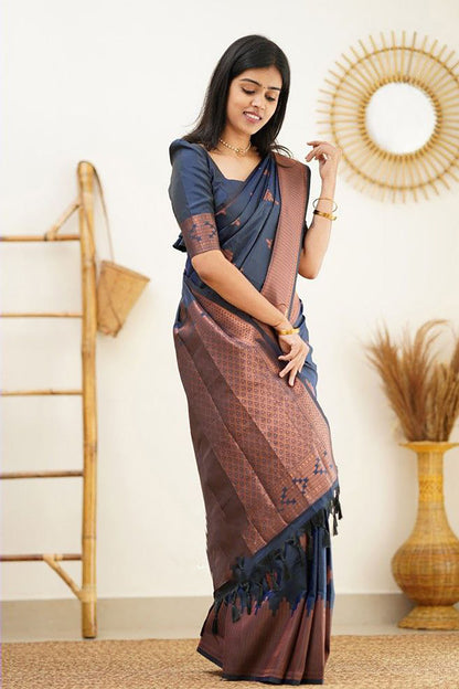 Teal Blue Banarasi Silk Saree With Zari Weaving Work