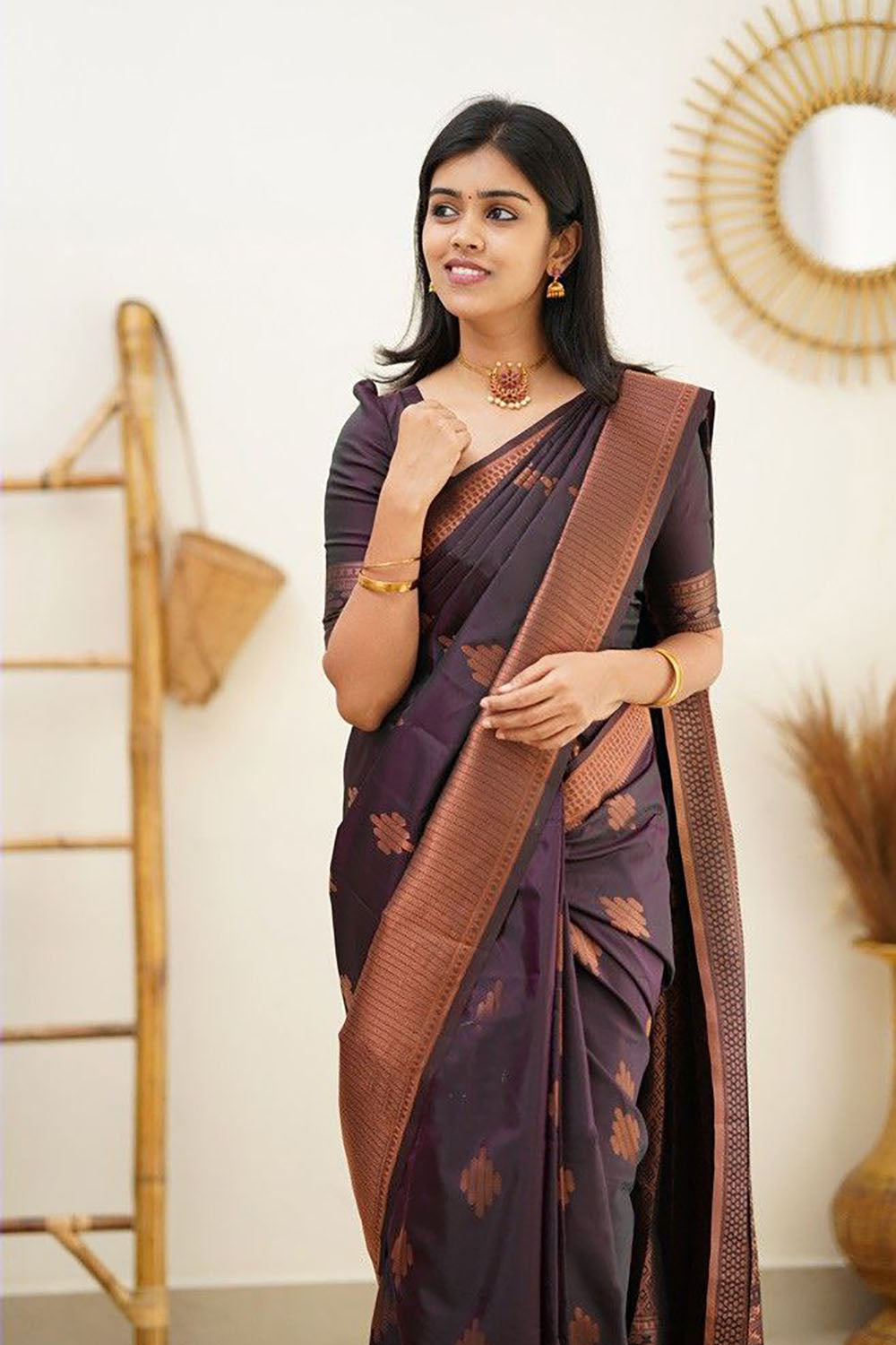 Wine Banarasi Silk Saree With Zari Weaving Work