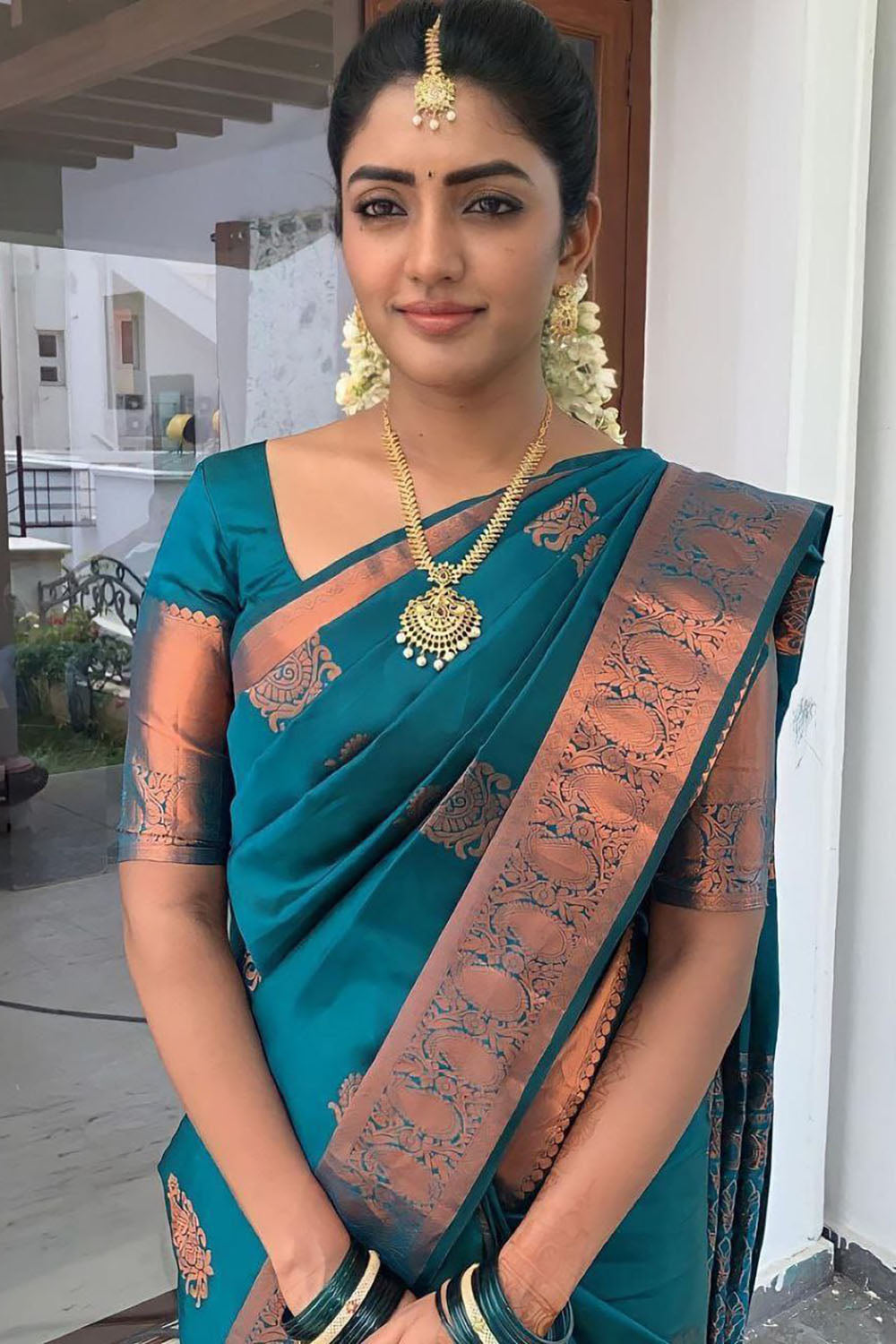 Teal Blue Banarasi Silk Saree With Zari Weaving Work