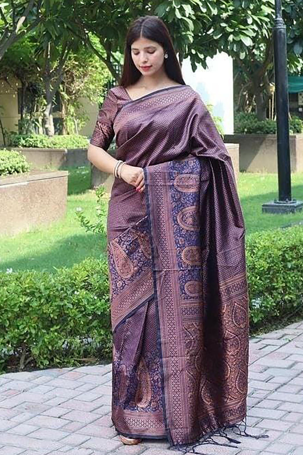 Navy Blue Banarasi Silk Saree With Zari Weaving Work