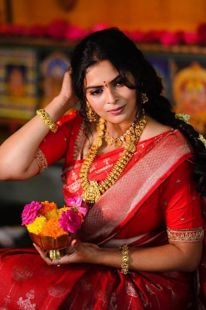 Red Banarasi Silk Saree With Weaving Work