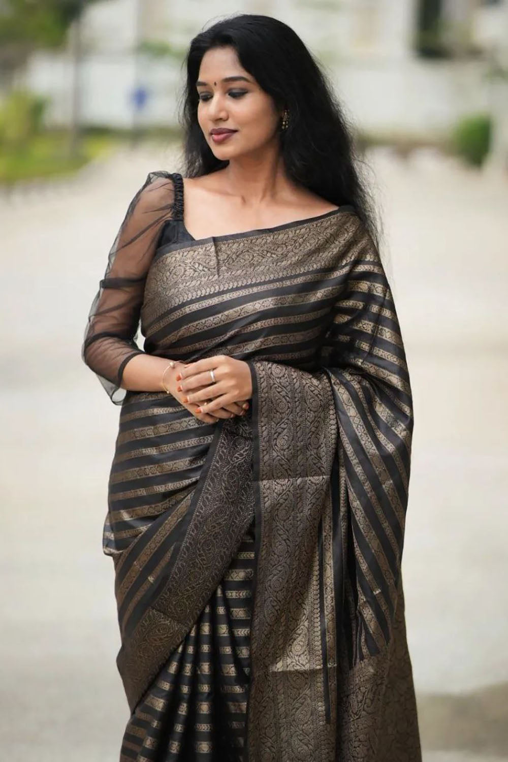 Black Soft Silk Saree With Zari Weaving Work