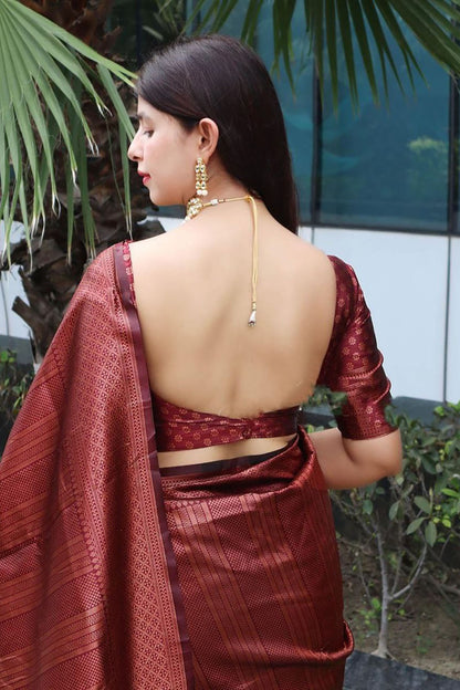 Maroon Banarasi Silk Saree With Zari Weaving Work