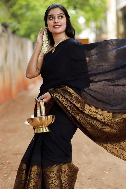 Black Silk Saree With Zari Weaving Work