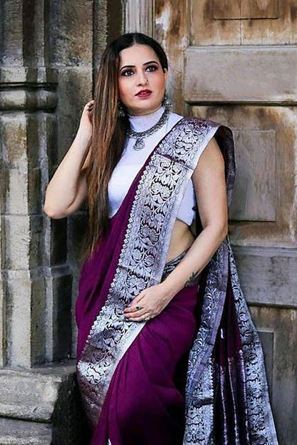 Burgundy Purple Banarasi Silk Saree With Zari Weaving Work