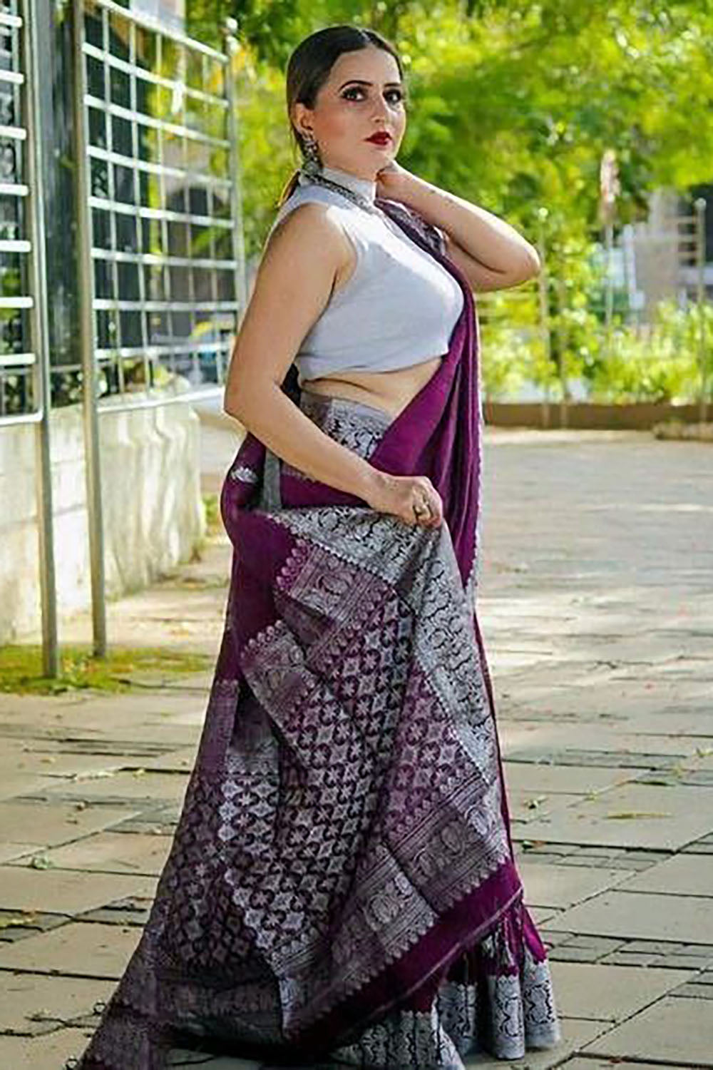 Burgundy Purple Banarasi Silk Saree With Zari Weaving Work