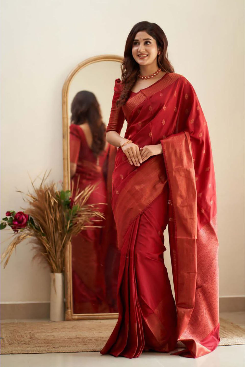 Red Soft Silk Saree With Weaving Work