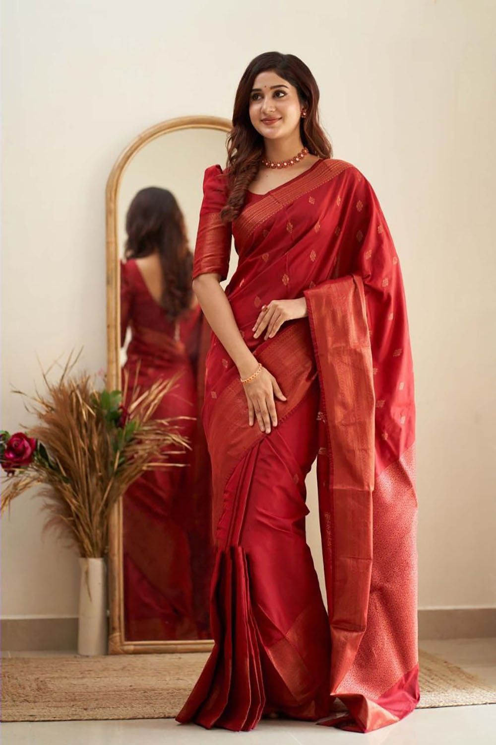 Red Soft Silk Saree With Weaving Work