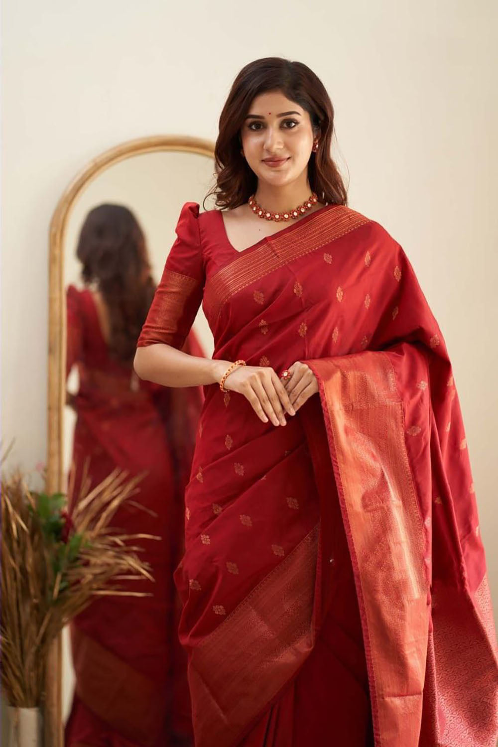 Red Soft Silk Saree With Weaving Work