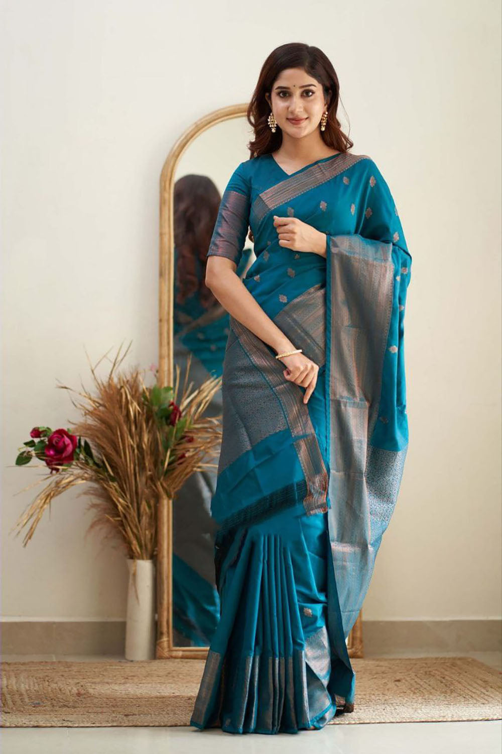 Jade Blue Soft Silk Saree With Zari Weaving Work