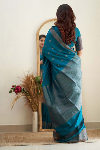 Jade Blue Soft Silk Saree With Zari Weaving Work