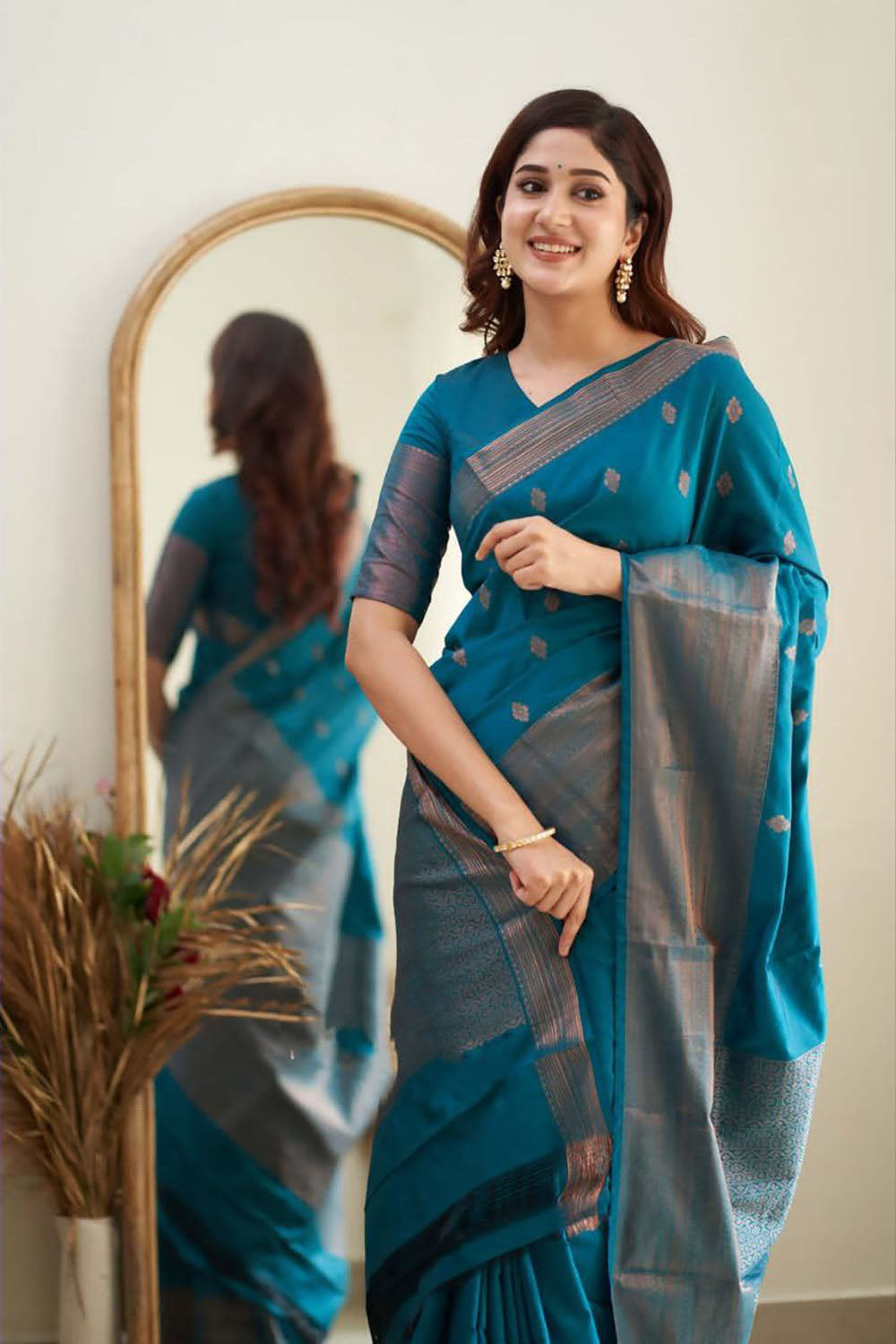 Jade Blue Soft Silk Saree With Zari Weaving Work