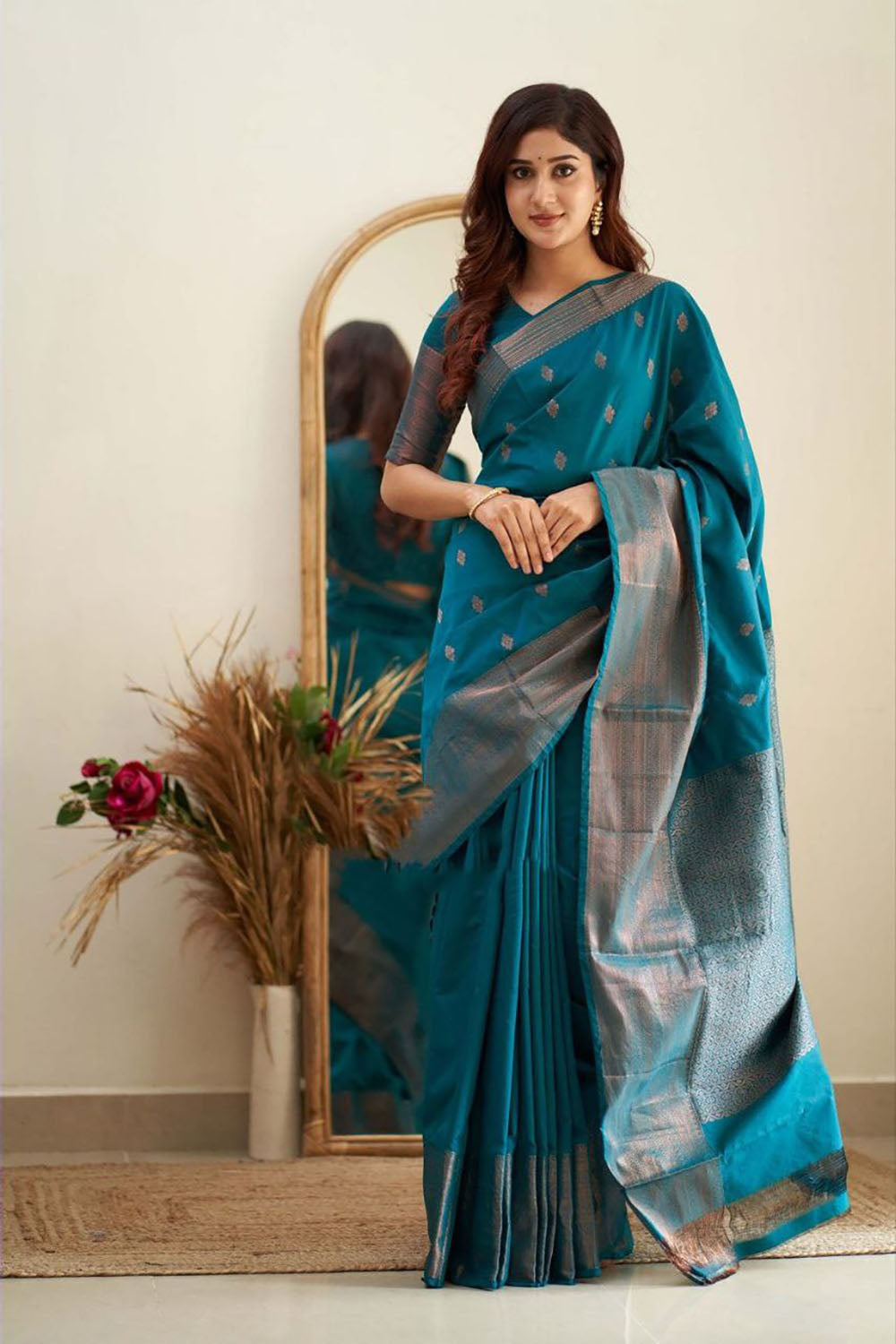 Jade Blue Soft Silk Saree With Zari Weaving Work