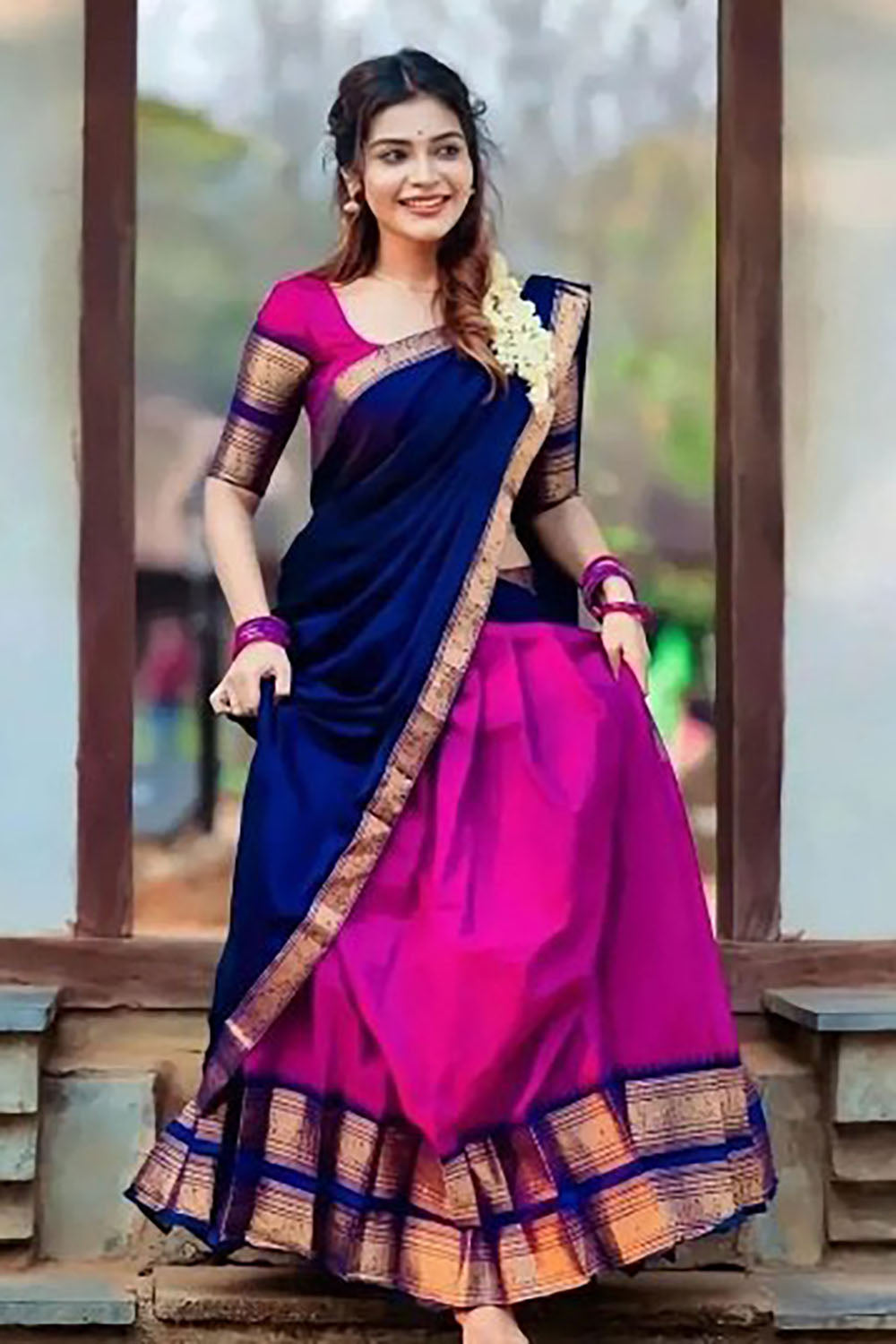 Pink Narayanpeth Cotton Silk Jacquard Half Lehenga Saree