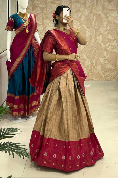 Brown &amp; Maroon Designer Cotton Silk Jacquard Half Lehenga Saree