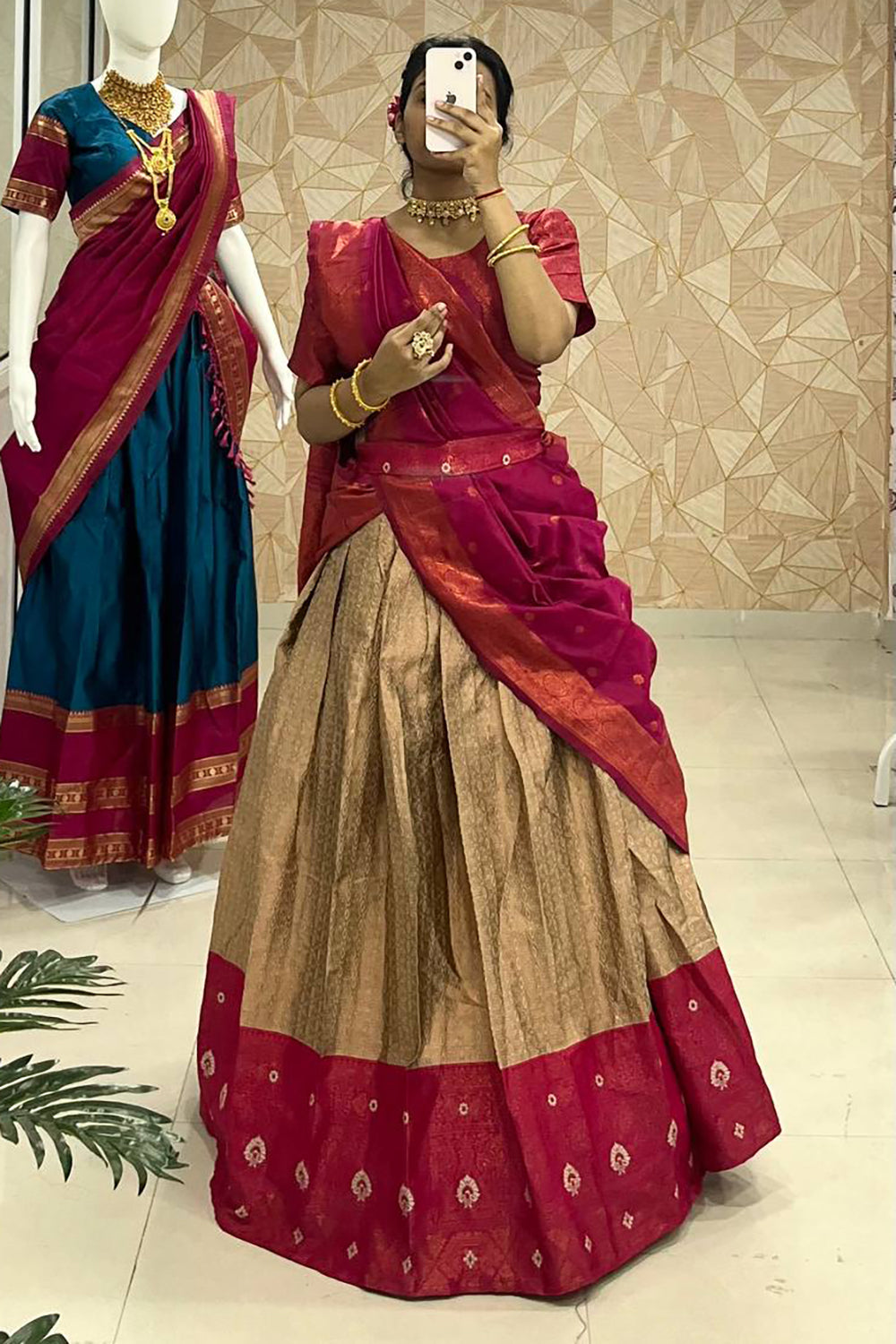 Brown &amp; Maroon Designer Cotton Silk Jacquard Half Lehenga Saree