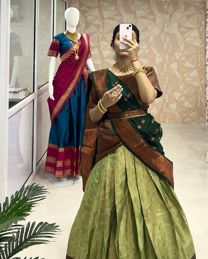 Pista Green Designer Cotton Silk Jacquard Half Lehenga Saree