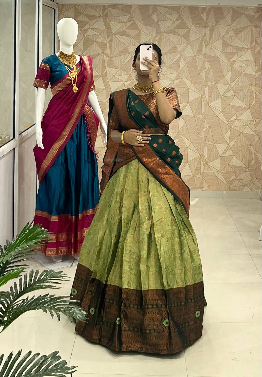 Pista Green Designer Cotton Silk Jacquard Half Lehenga Saree