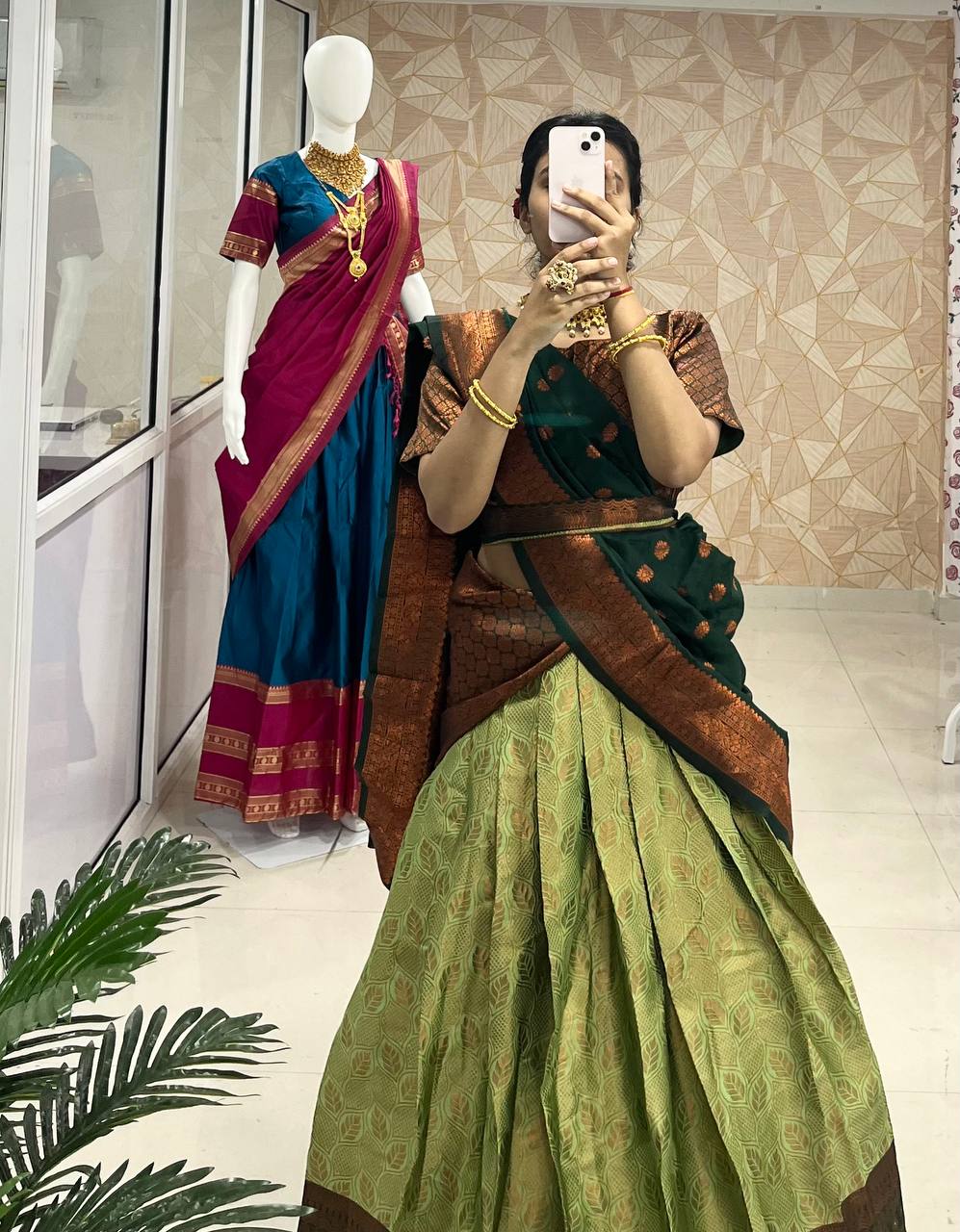 Pista Green Designer Cotton Silk Jacquard Half Lehenga Saree