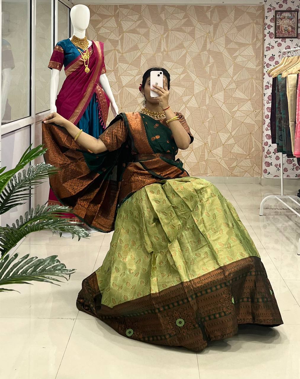 Pista Green Designer Cotton Silk Jacquard Half Lehenga Saree