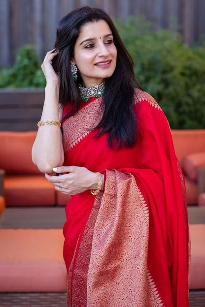 Beautiful Hot Red Soft Silk Saree With Weaving Work