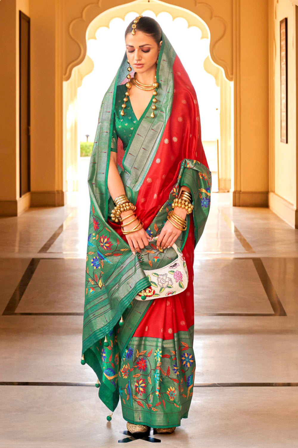 Red &amp; Green Paithani Silk Saree With Zari Weaving Work