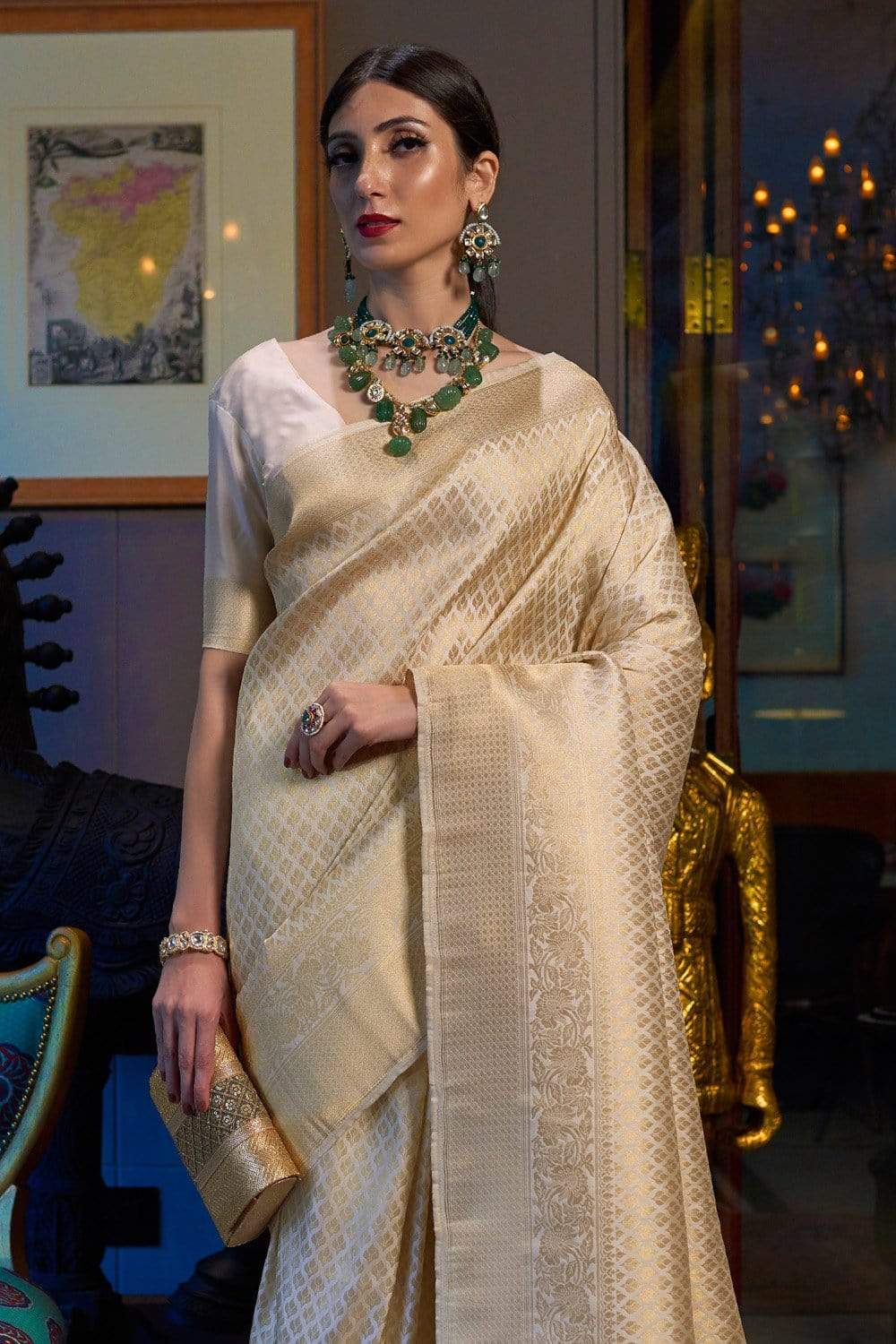 Buy Gold Saree In Sequins Fabric With Moti Embroidered Border And  Unstitched Blouse Online - Kalki Fashion