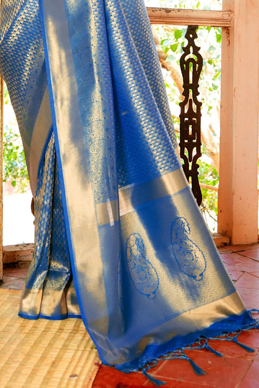 Kanjivaram Sky Blue Zari Woven Art Silk Saree | Laxmi Style