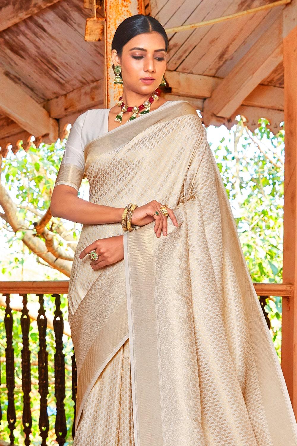 Designer Fashions Woven Zari Silk Off White Saree|SARV120927