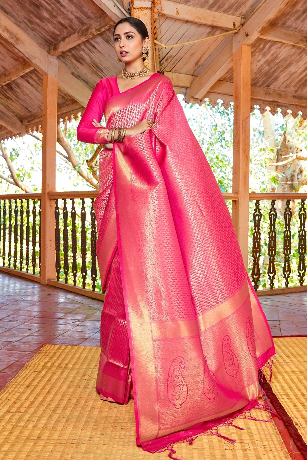 Royal Pink Kanjeevaram Saree with Green Pallu – Ishita Collection