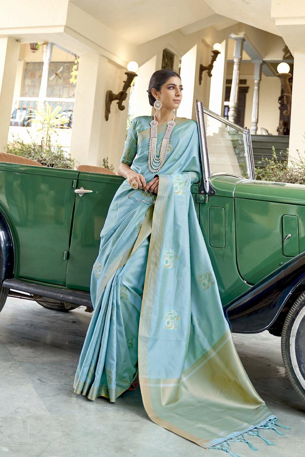 Buy Sky Blue Weaving Banarasi Silk Saree Online