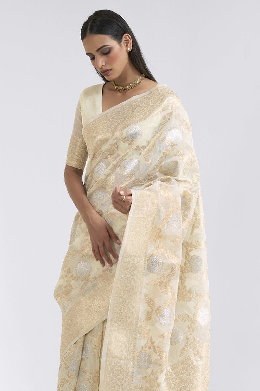 Cream Boota Katan Silk Handloom Banarasi Saree - Sacred Weaves