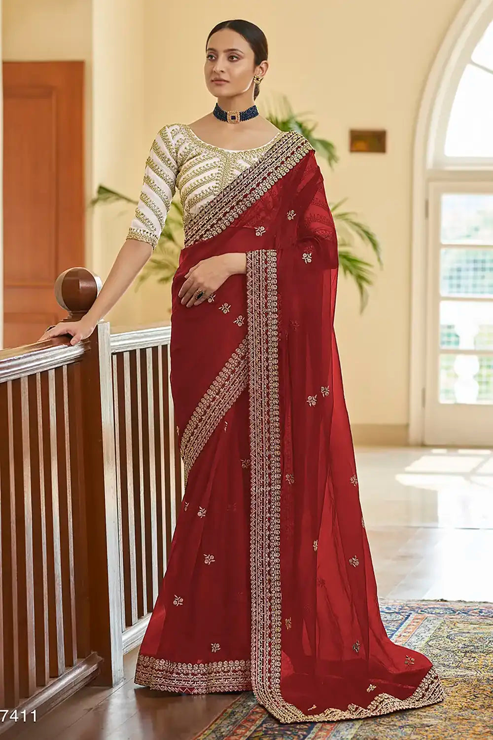 Red Heavy Border Thread Work Silk Saree - Party Wear Saree |lovelyweddingmall.com