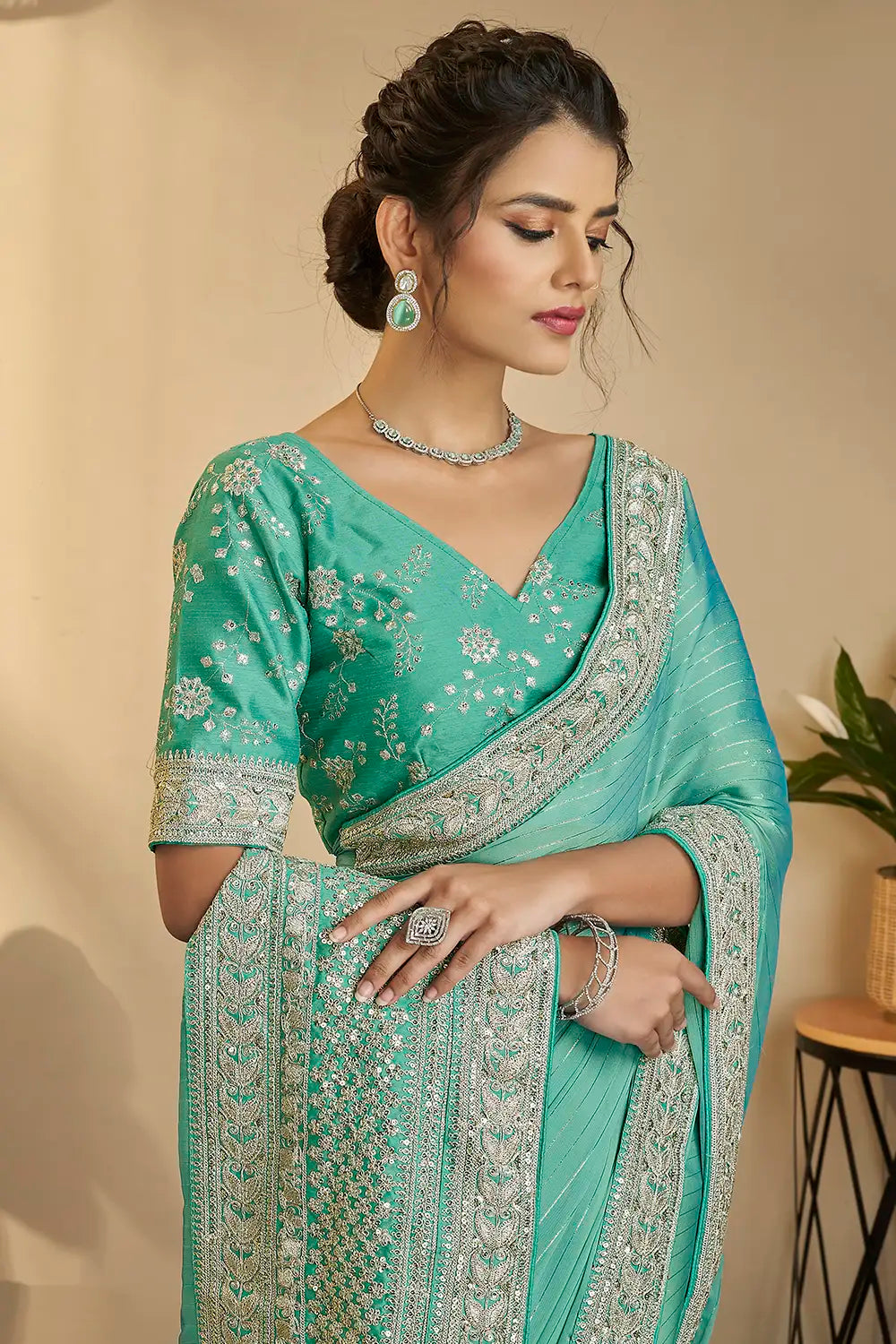 Sea Green Color Art Silk Jacquard Border Saree With Unstitched Blouse –  BEST SAREE