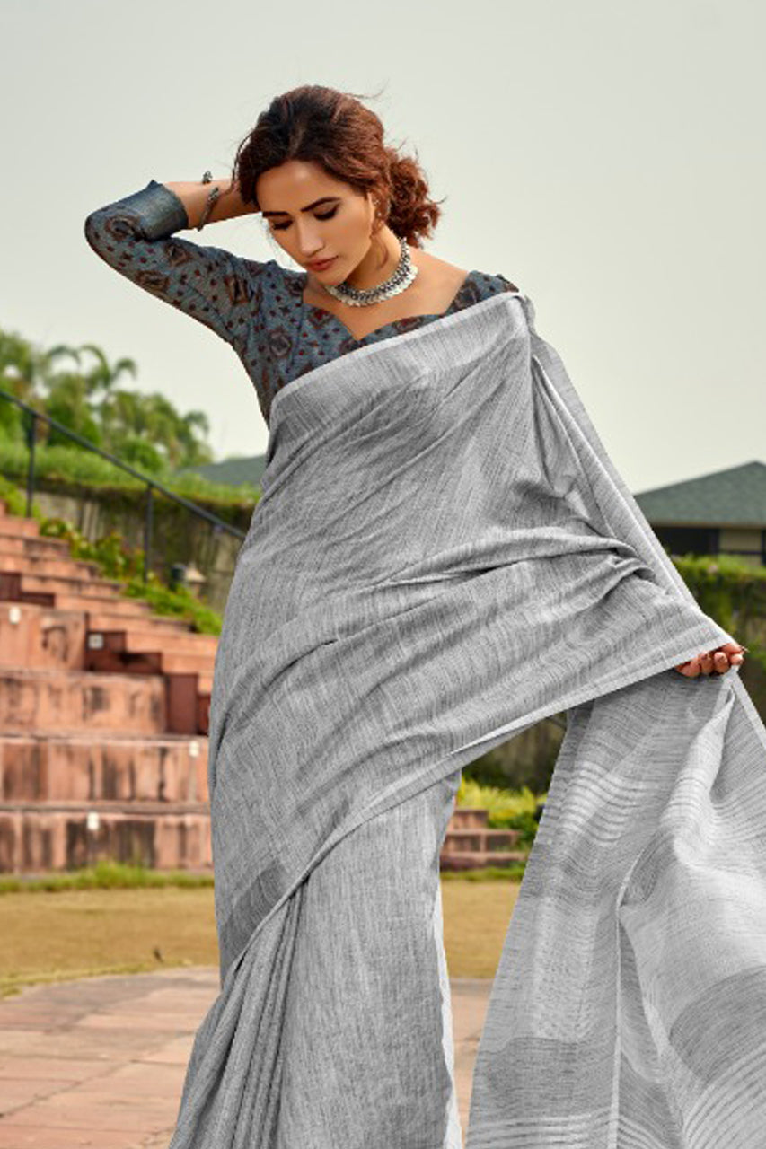 Grey Soft Linen Saree With Printed Blouse – Bahuji - Online Fashion &  Lifestyle Store