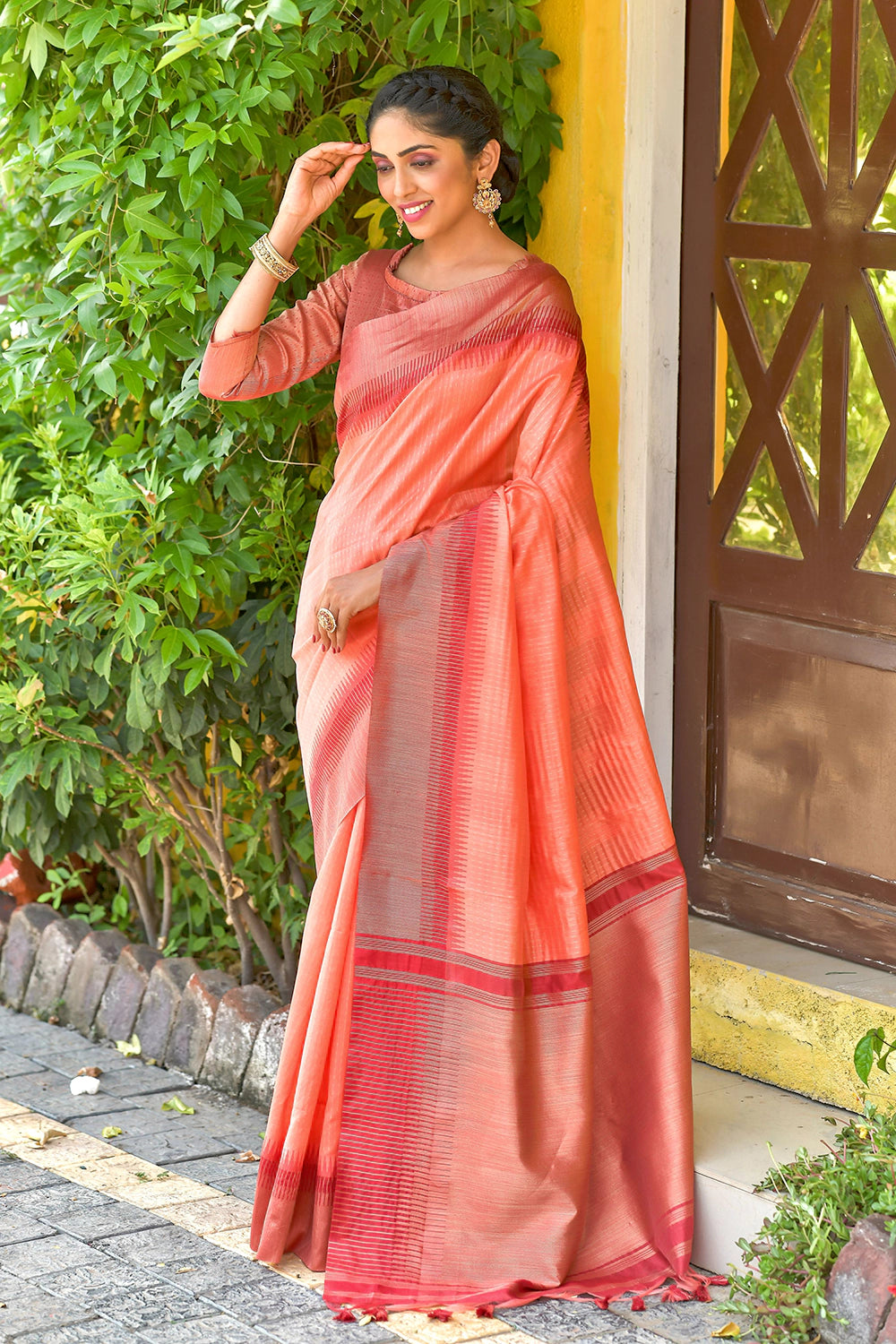 Peach Zari Woven Saree In Cotton 5204SR14