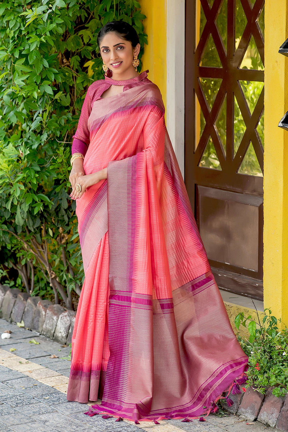 baby pink linen sarees - Loomfolks